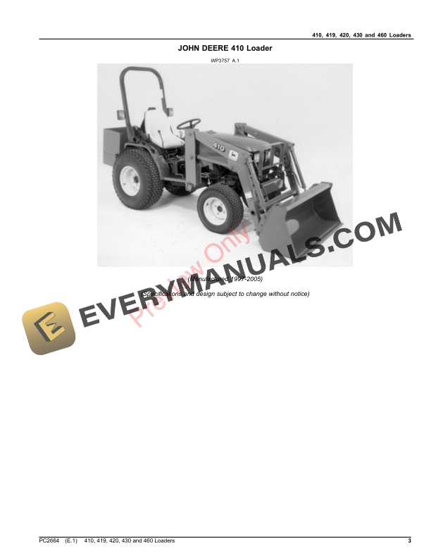 John Deere 410, 419, 420, 430 and 460 Loaders Parts Catalog PC2664 09APR21 4 John Deere 410, 419, 420, 430 and 460 Loaders Parts Catalog PC2664 09APR21-3