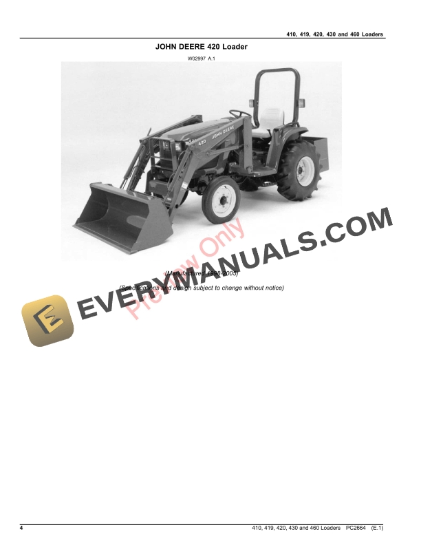 John Deere 410, 419, 420, 430 and 460 Loaders Parts Catalog PC2664 09APR21 5 John Deere 410, 419, 420, 430 and 460 Loaders Parts Catalog PC2664 09APR21-4