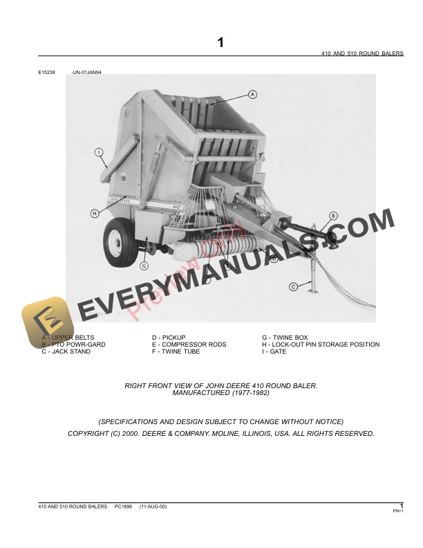 John Deere 410, 510 Round Balers Parts Catalog PC1896 09MAY11-3