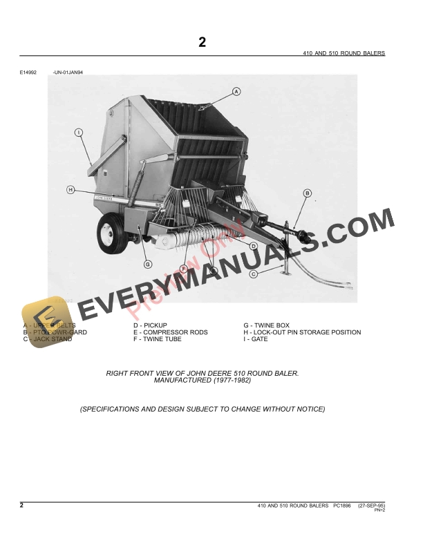 John Deere 410, 510 Round Balers Parts Catalog PC1896 09MAY11-4