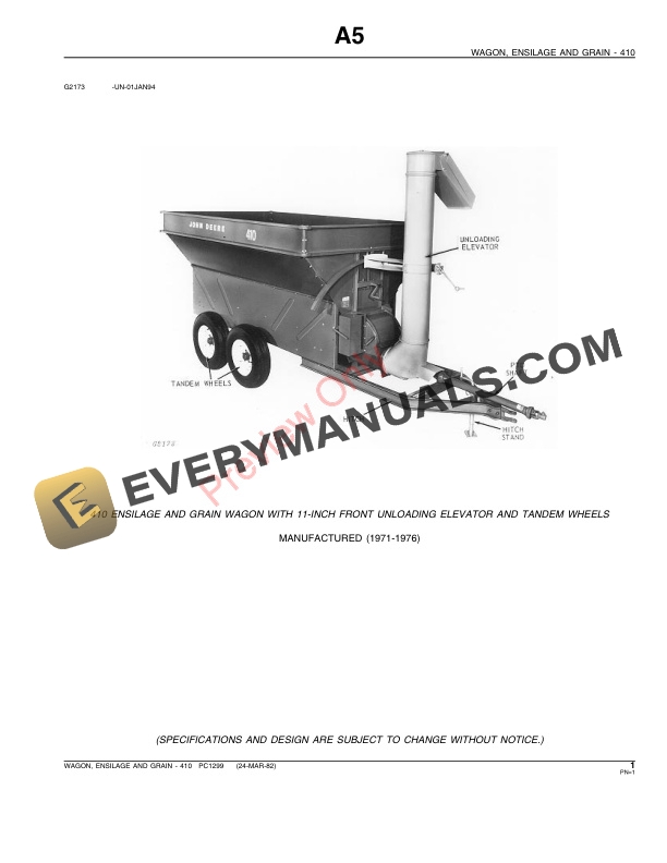 John Deere 410 Ensilage and Grain Wagon Parts Catalog PC1299 24MAR82-3