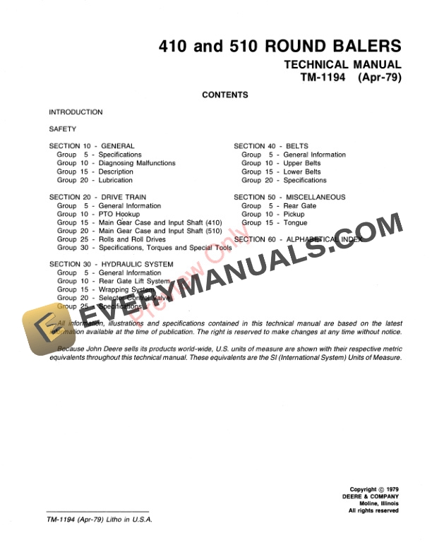 John Deere 410 and 510 Round Balers Technical Manual TM1194 01JUL77 3
