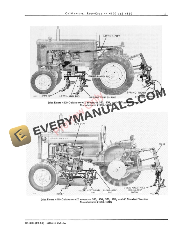 John Deere 4100, 4110 Row-Crop Cultivator Parts Catalog PC288 01OCT63-3