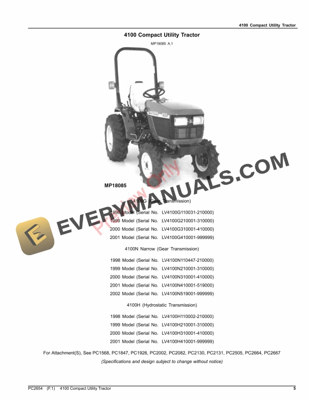 John Deere 4100 COMPACT UTILITY TRACTOR Parts Catalog PC2654 07NOV23-5