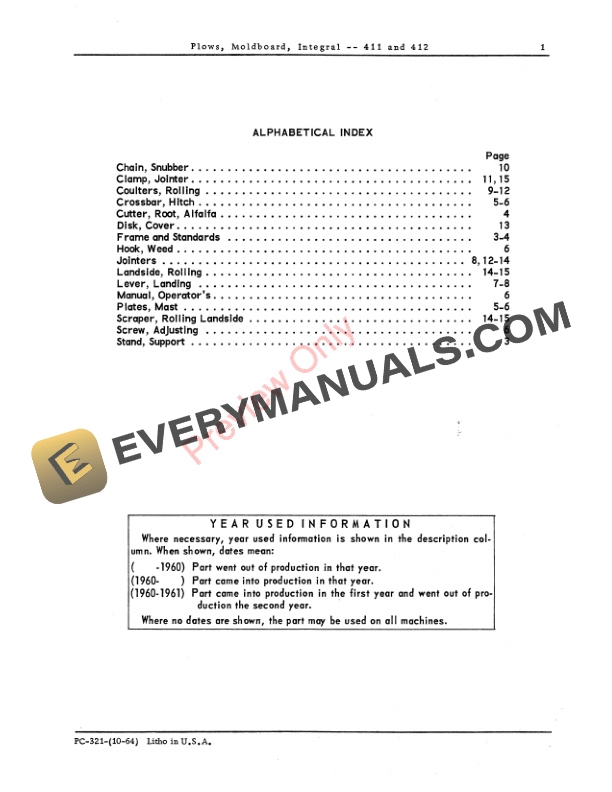 John Deere 411, 412 Integral Moldboard Plow Parts Catalog PC321 01OCT64-3