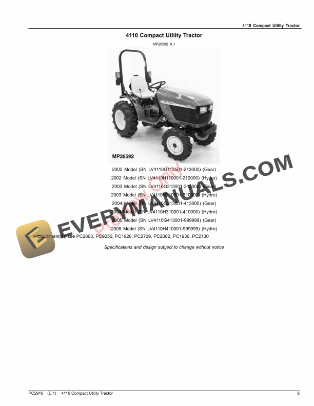 John Deere 4110 COMPACT UTILITY TRACTOR Parts Catalog PC2916 03APR23-5