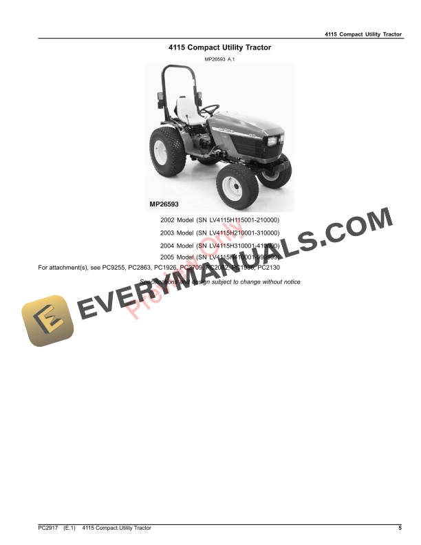 John Deere 4115 COMPACT UTILITY TRACTOR Parts Catalog PC2917 03APR23-5