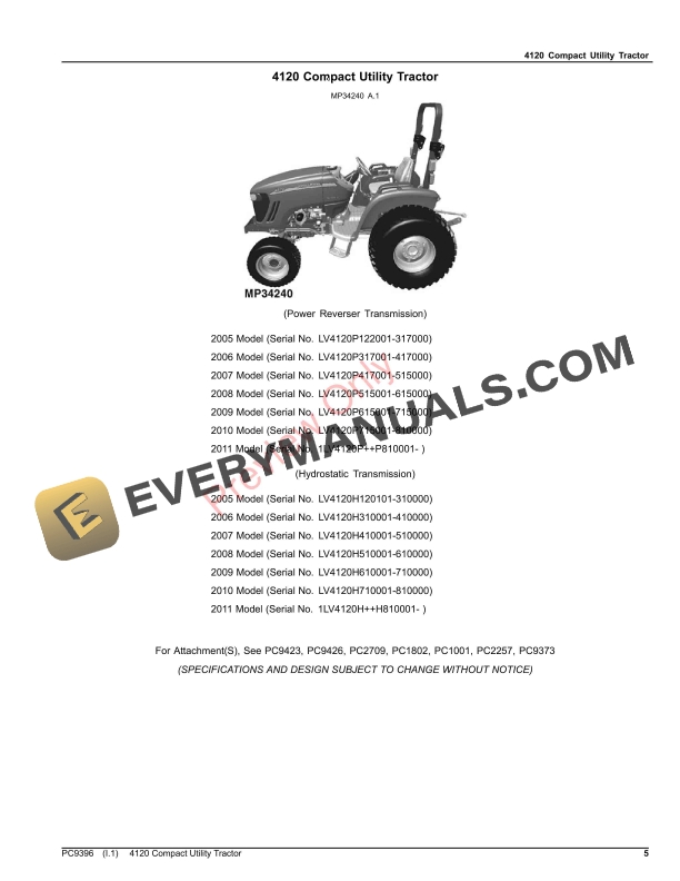 John Deere 4120 Compact Utility Tractor Parts Catalog PC9396 21SEP23-5