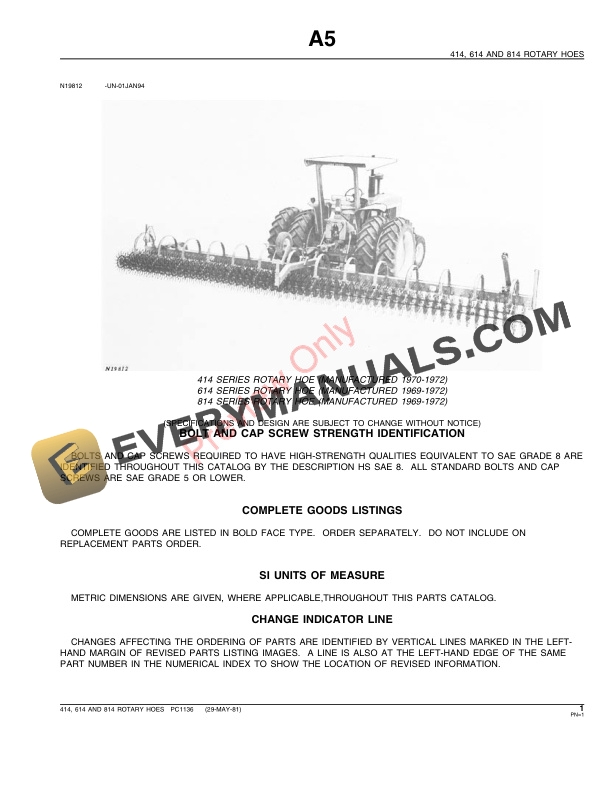 John Deere 414 614 814 Rotary Hoes Parts Catalog PC1136 29MAY81 3