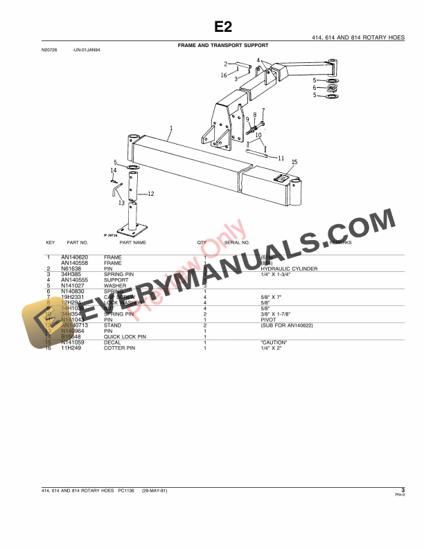 John Deere 414 614 814 Rotary Hoes Parts Catalog PC1136 29MAY81 5