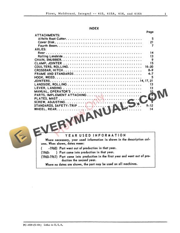 John Deere 415, 415A, 416, 416A Moldboard Plow, Integral Parts Catalog PC459 01MAY64-3