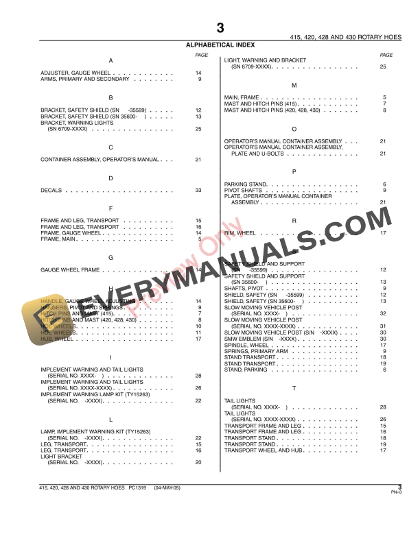 John Deere 415, 420, 428, 430 Rotary Hoes Parts Catalog PC1319 04MAY05-5