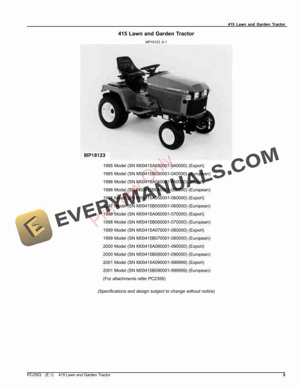 John Deere 415 LAWN AND GARDEN TRACTOR Parts Catalog PC2503 10SEP23-5