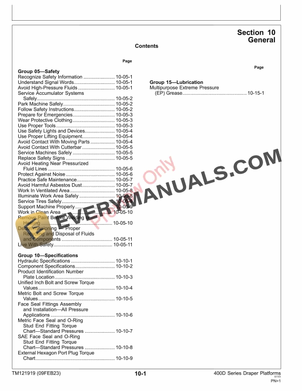 John Deere 415D 420D 425D 430D 435D and 440D Draper Platform Technical Manual TM121919 09FEB23 5