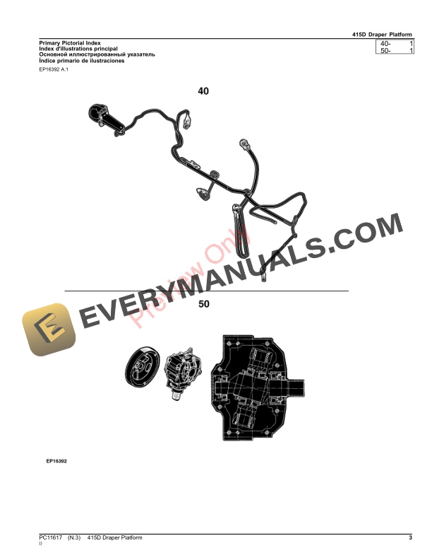 John Deere 415D Draper Platform Parts Catalog PC11617 30SEP23 3