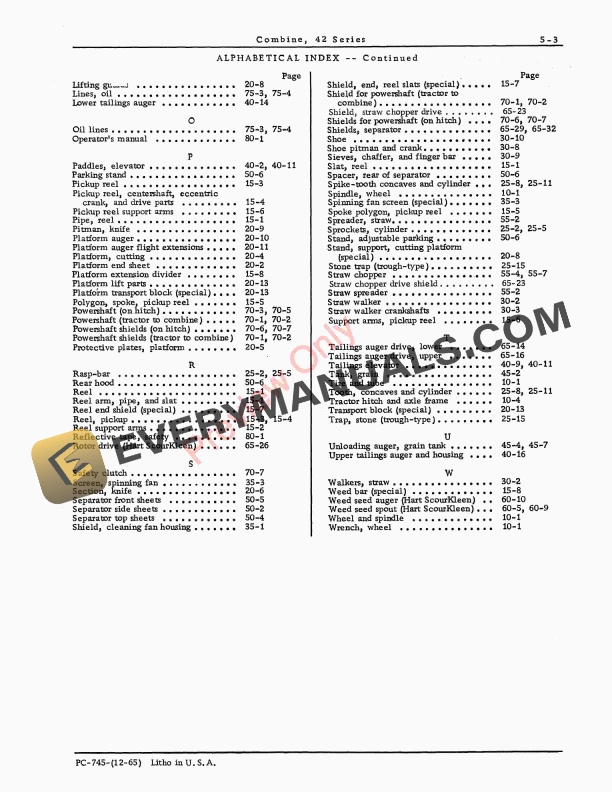 John Deere 42 Series Combine Parts Catalog PC745 01FEB65-5