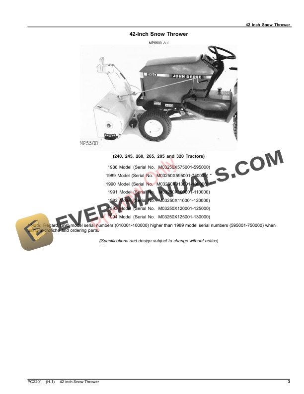 John Deere 42 inch Snow Thrower Parts Catalog PC2201 14FEB22-3