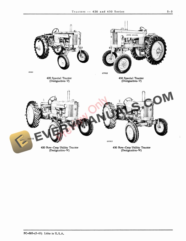 John Deere 420, 430 Series Tractors Parts Catalog PC505 01JAN72 6 John Deere 420, 430 Series Tractors Parts Catalog PC505 01JAN72-5