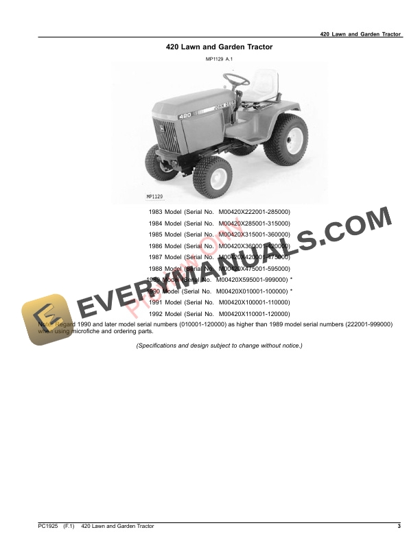 John Deere 420 Lawn and Garden Tractor Parts Catalog PC1925 18NOV20-3