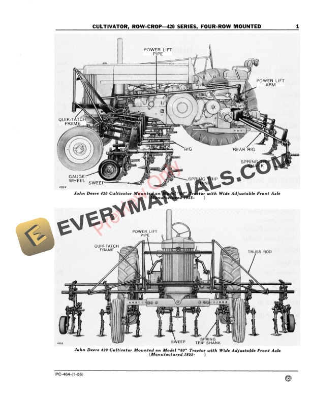 John Deere 420 Series Row-Crop Cultivator – Nos. 422, 423 Parts Catalog PC464 01DEC56-3