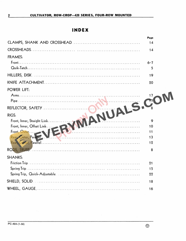 John Deere 420 Series Row-Crop Cultivator – Nos. 422, 423 Parts Catalog PC464 01DEC56-4