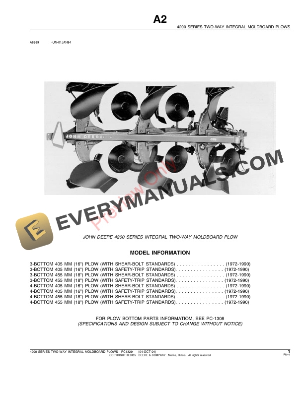 John Deere 4200 Series Two-Way Integral Moldboard Plows Parts Catalog PC1329 02FEB05-3