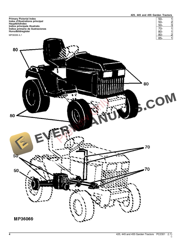 John Deere 425, 445 and 455 Garden Tractors Parts Catalog PC2351 10SEP23-4