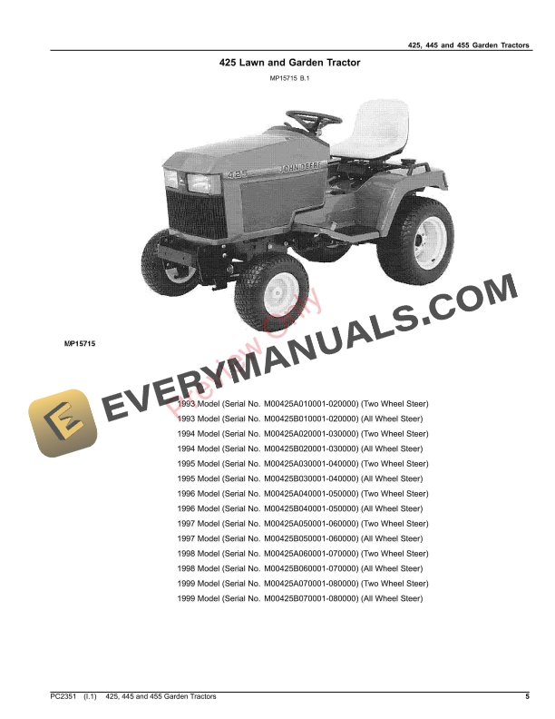 John Deere 425, 445 and 455 Garden Tractors Parts Catalog PC2351 10SEP23-5