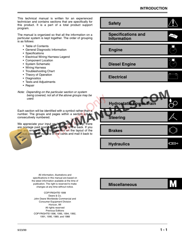John Deere 425 445 and 455 Lawn and Garden Tractors Technical Manual TM1517 28SEP99 3