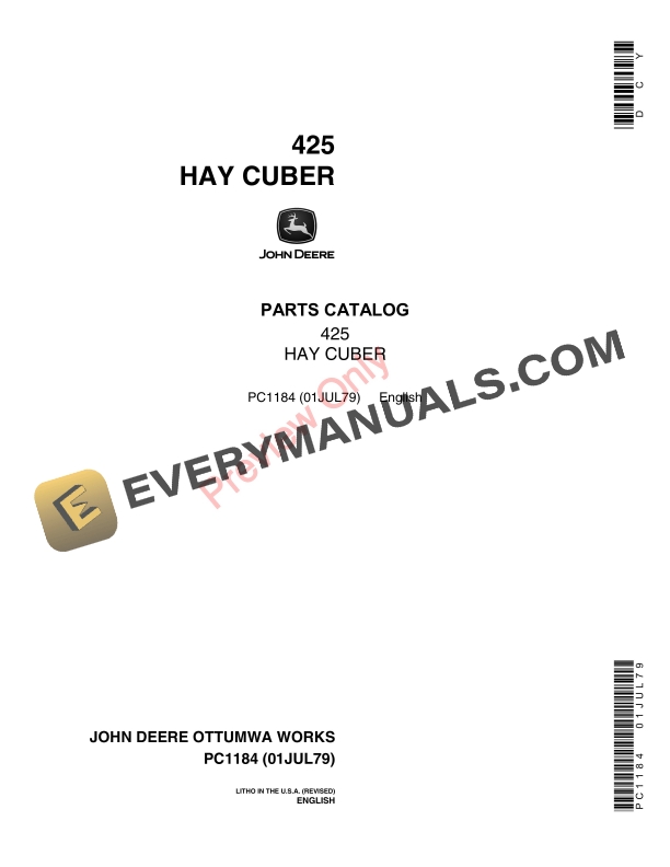 John Deere 425 Hay Cuber Parts Catalog PC1184 01JUL79-1
