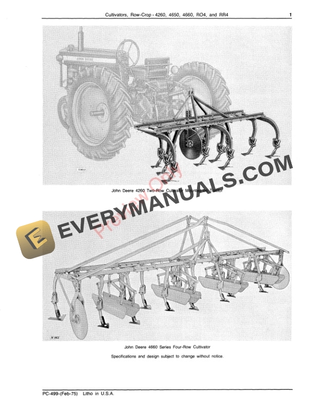 John Deere 4260, 4650, 4660, R04, RR4 Row-Crop Cultivators Parts Catalog PC499 01FEB75-3