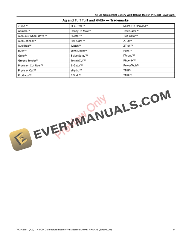 John Deere 43 CM Commercial Battery Walk Parts Catalog PC14276 11MAR20-5