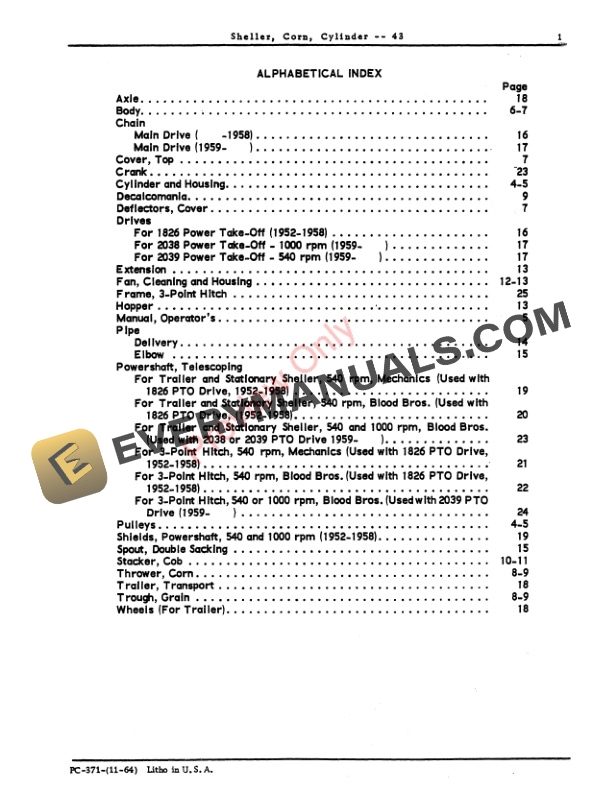 John Deere 43 Cylinder Corn Sheller Parts Catalog PC371 01NOV64-3