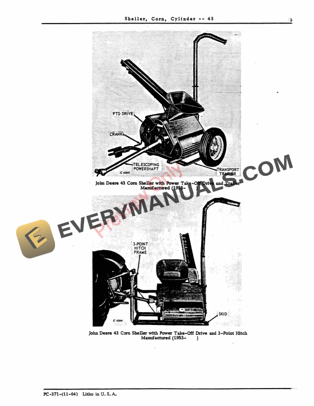 John Deere 43 Cylinder Corn Sheller Parts Catalog PC371 01NOV64-5