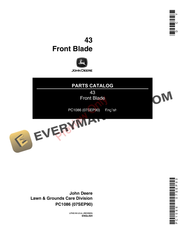 John Deere 43 Front Blade Parts Catalog PC1086 07SEP90-1