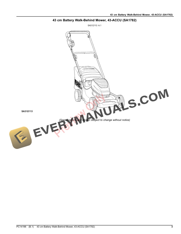 John Deere 43 cm Battery Walk-Behind Mower, 43-ACCU (SA1782) Parts Catalog PC14196 20NOV20 4 John Deere 43 cm Battery Walk-Behind Mower, 43-ACCU (SA1782) Parts Catalog PC14196 20NOV20-3