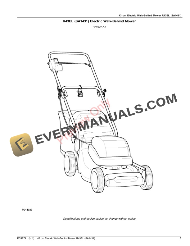 John Deere 43 cm Electric Walk-Behind Mower R43EL (SA1431) Parts Catalog PC4874 21SEP20 4 John Deere 43 cm Electric Walk-Behind Mower R43EL (SA1431) Parts Catalog PC4874 21SEP20-3