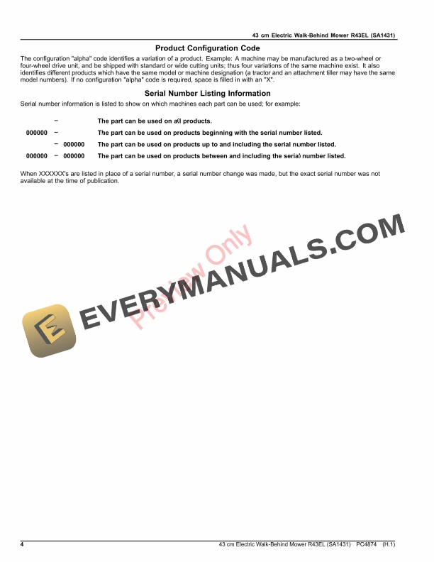 John Deere 43 cm Electric Walk-Behind Mower R43EL (SA1431) Parts Catalog PC4874 21SEP20 5 John Deere 43 cm Electric Walk-Behind Mower R43EL (SA1431) Parts Catalog PC4874 21SEP20-4