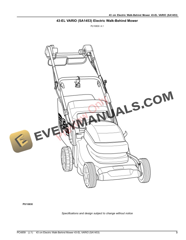 John Deere 43 cm Electric Walk-Behind Mower43-EL VARIO (SA1453) Parts Catalog PC4859 31MAR20-3