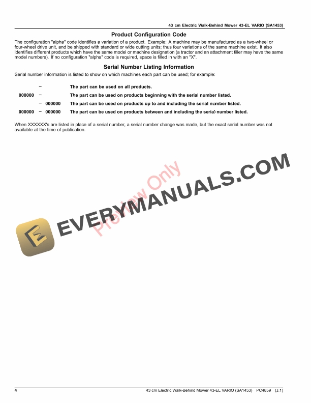 John Deere 43 cm Electric Walk-Behind Mower43-EL VARIO (SA1453) Parts Catalog PC4859 31MAR20-4