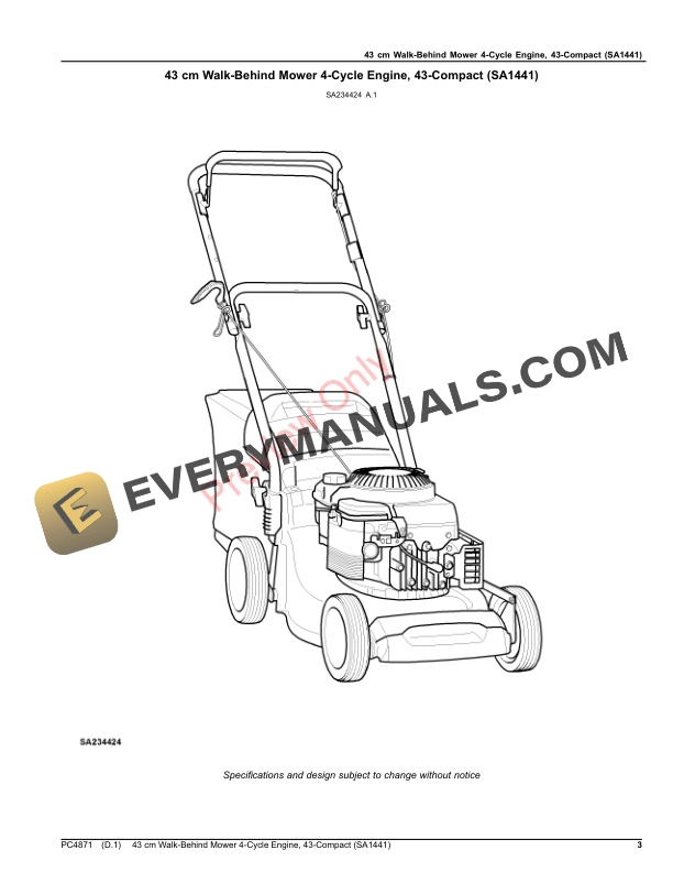John Deere 43 cm Walk-Behind Mower 4-Cycle Engine, 43-Compact (SA1441) Parts Catalog PC4871 14OCT20 4 John Deere 43 cm Walk-Behind Mower 4-Cycle Engine, 43-Compact (SA1441) Parts Catalog PC4871 14OCT20-3