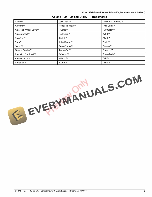 John Deere 43 cm Walk-Behind Mower 4-Cycle Engine, 43-Compact (SA1441) Parts Catalog PC4871 14OCT20 6 John Deere 43 cm Walk-Behind Mower 4-Cycle Engine, 43-Compact (SA1441) Parts Catalog PC4871 14OCT20-5