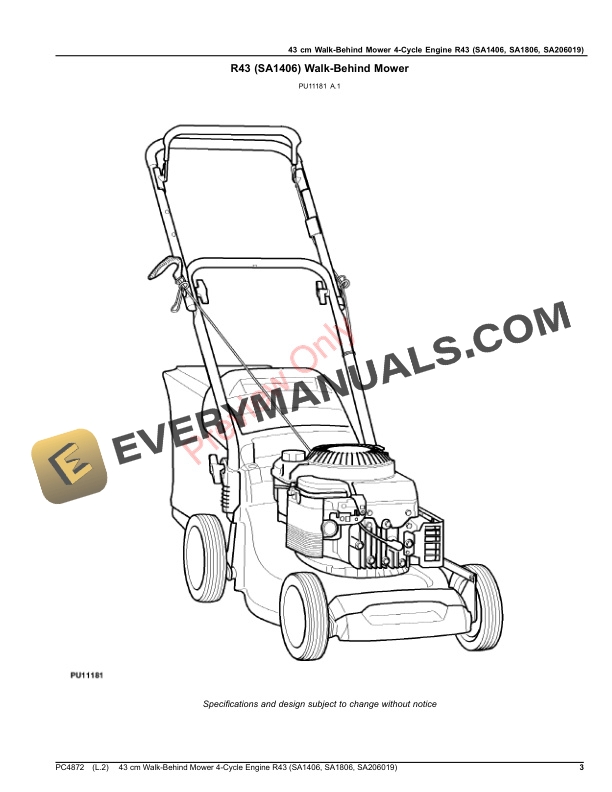 John Deere 43 cm Walk-Behind Mower 4-Cycle Engine R43 (SA1406, SA1806, SA206019) Parts Catalog PC4872 14OCT20-3