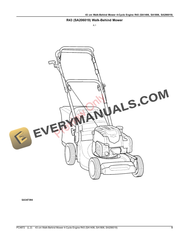 John Deere 43 cm Walk-Behind Mower 4-Cycle Engine R43 (SA1406, SA1806, SA206019) Parts Catalog PC4872 14OCT20-5