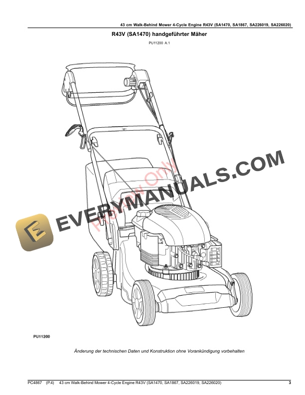 John Deere 43 cm Walk-Behind Mower 4-Cycle Engine R43V (SA1470, SA1867, SA226019, SA226020) Parts Catalog PC4867 08MAY20 4 John Deere 43 cm Walk-Behind Mower 4-Cycle Engine R43V (SA1470, SA1867, SA226019, SA226020) Parts Catalog PC4867 08MAY20-3