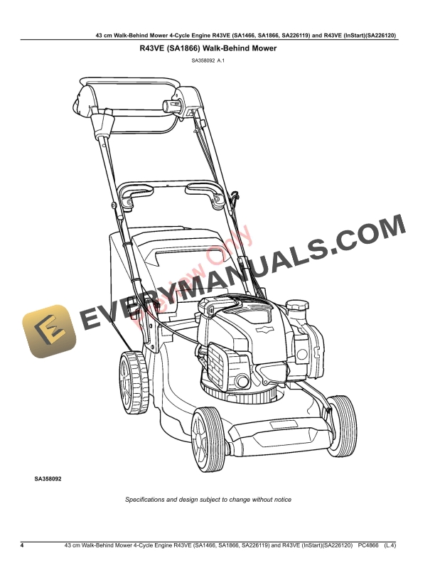John Deere 43 cm Walk-Behind Mower 4-Cycle Engine R43VE (SA1466, SA1866, SA226119) and R43VE (InStart)(SA226120) Parts Catalog PC4866 21JUL20 5 John Deere 43 cm Walk-Behind Mower 4-Cycle Engine R43VE (SA1466, SA1866, SA226119) and R43VE (InStart)(SA226120) Parts Catalog PC4866 21JUL20-4