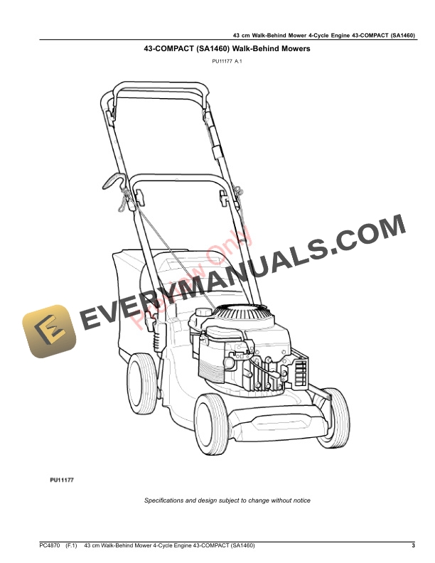 John Deere 43 cm Walk-Behind Mower 4-Cycle Engine43-COMPACT (SA1460) Parts Catalog PC4870 14OCT20 4 John Deere 43 cm Walk-Behind Mower 4-Cycle Engine43-COMPACT (SA1460) Parts Catalog PC4870 14OCT20-3