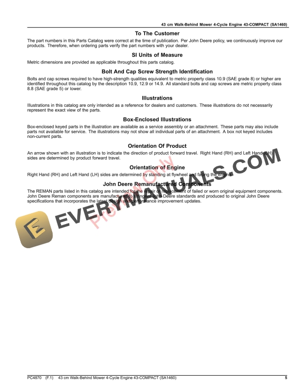 John Deere 43 cm Walk-Behind Mower 4-Cycle Engine43-COMPACT (SA1460) Parts Catalog PC4870 14OCT20 6 John Deere 43 cm Walk-Behind Mower 4-Cycle Engine43-COMPACT (SA1460) Parts Catalog PC4870 14OCT20-5