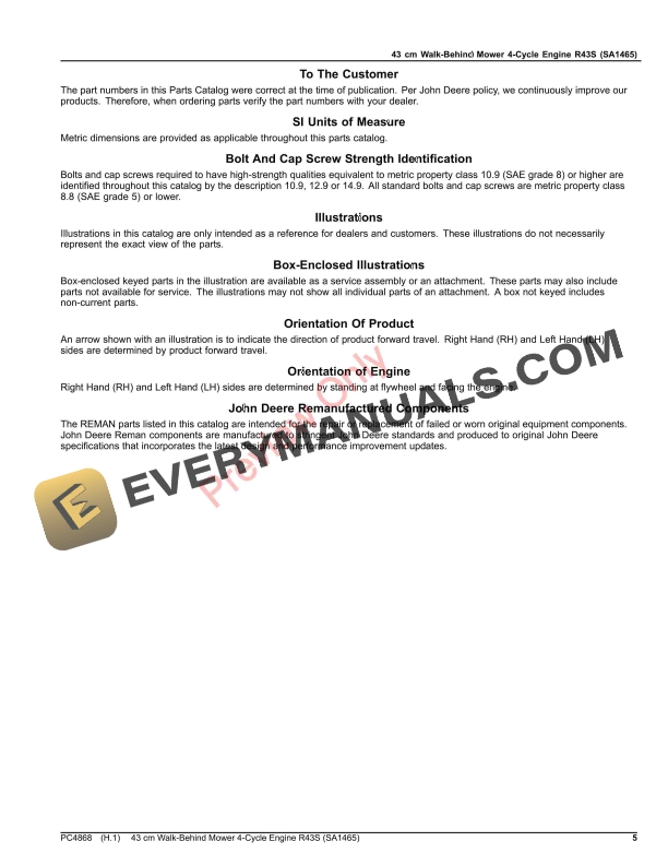 John Deere 43 cm Walk-Behind Mower 4-Cycle EngineR43S (SA1465) Parts Catalog PC4868 03JUL19 6 John Deere 43 cm Walk-Behind Mower 4-Cycle EngineR43S (SA1465) Parts Catalog PC4868 03JUL19-5