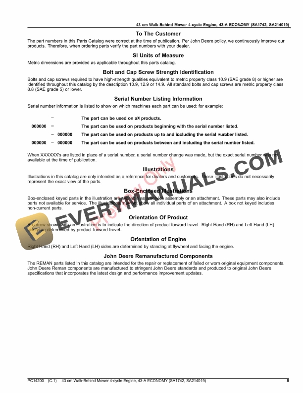 John Deere 43 cm Walk-Behind Mower 4-cycle Engine, 43 Parts Catalog PC14200 31MAR20 6 John Deere 43 cm Walk-Behind Mower 4-cycle Engine, 43 Parts Catalog PC14200 31MAR20-5